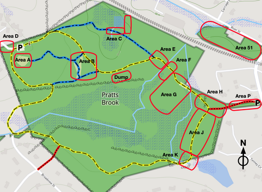 A map showing Area A at the south edge of the Senior Park, and Area B is the Blueberry Meadow between the yellow trail and the blue loop trail shortcut east and downhill from the Senior Park