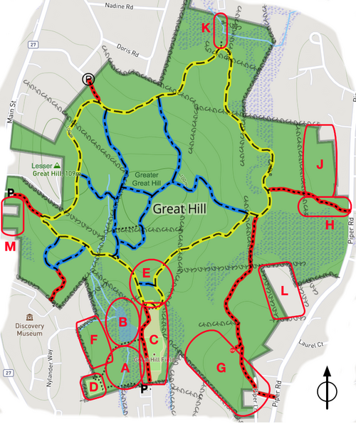 A map showing the location on Great Hill of the areas where invasive plants are being addressed, or ignored. Each location is described in the following text.