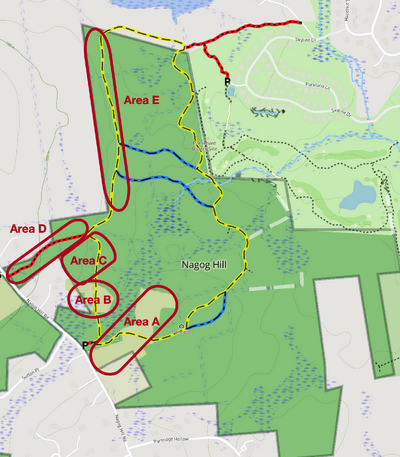 A map showing the areas in Nagog Hill Conservation Area where invasive plants are being removed