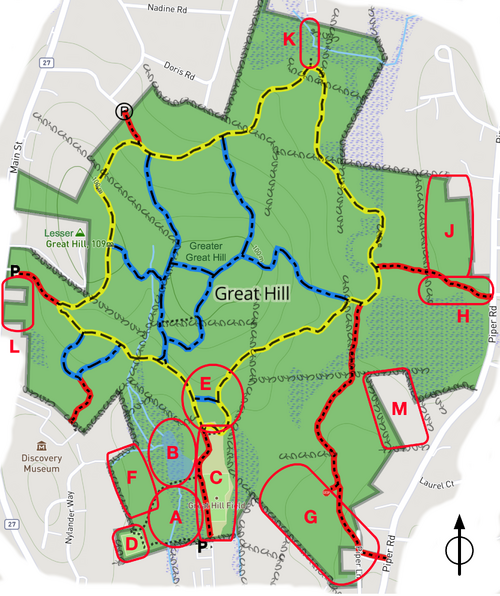 A map showing the location on Great Hill of the areas where invasive plants are being addressed, or ignored. Each location is described in the following text.